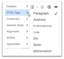 HTML tags menu