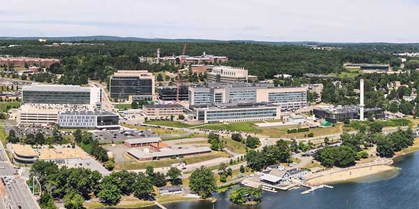 Aerial view of the UMass Chan Medical School campus.