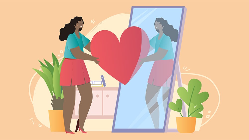 Illustration of a Black woman passing a giant heart to her reflection through a full body mirror