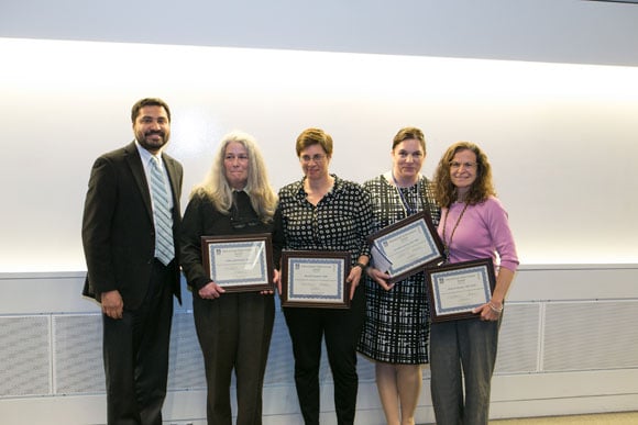 Dr. Vanguri  and Educational Achievement (Star) Award recipients Colleen Burnham, MBA; Rachel M. Gerstein, PhD; Carolina Ionete, MD, PhD; and Melissa A. Fischer, MD, MEd