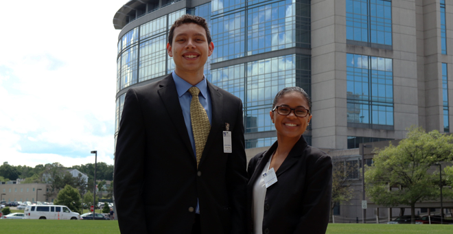 Summer Enrichment Program 2017 students (from left) Christian Pineda and Celeste Singh take a break on the campus green after completing their mock graduate school admission interviews.