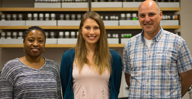 Andreas Bergmann, PhD (right) hosted college student Heather Nelson (center) in his lab under the supervision of postdoctoral associate Alicia Shields, PhD (left).
