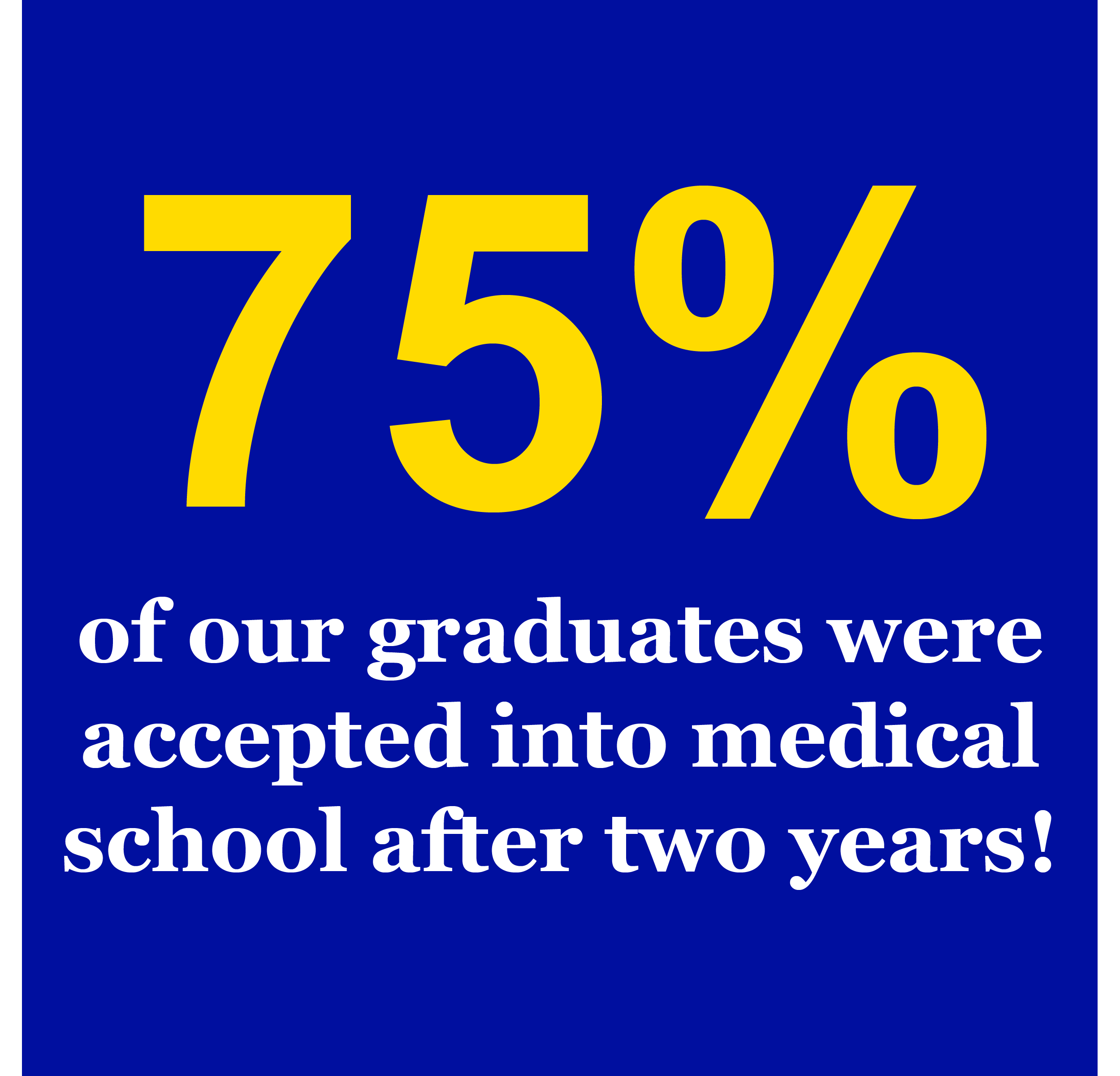 75% of our graduates were accepted into medical school after two years!