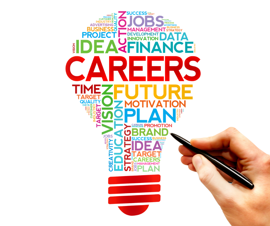 Word cloud in the shape of a lightbulb, featuring the word ‘CAREERS’ prominently in red at the center. Surrounding it are multicolored words such as ‘future,’ ‘education,’ ‘plan,’ ‘jobs,’ ‘finance,’ ‘motivation,’ ‘strategy,’ and ‘vision.’ At the bottom right, a hand holding a black marker appears to be drawing the lightbulb outline