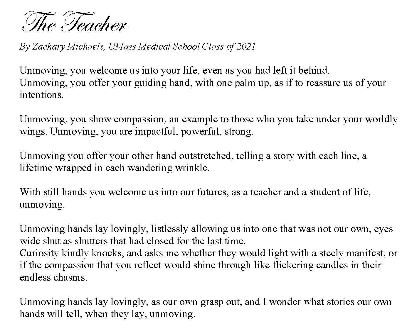 The Teacher - Poem by Zachary Michaels, UMMS Class 2021
