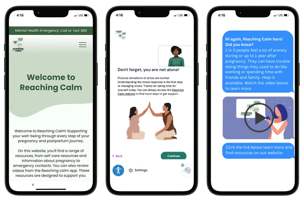 Phones displaying 3 different Reaching Calm screenshots: A welcome screen, an informational screen, and a chat screen