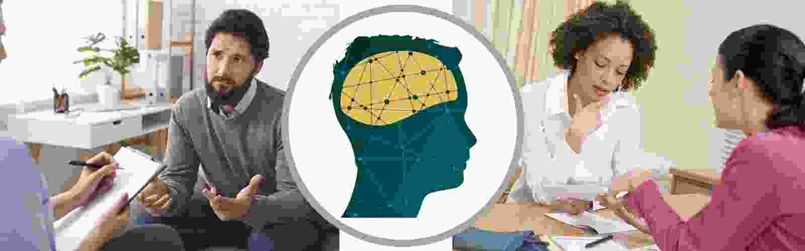 Icon of connections within a brain flanked by images of people in counseling