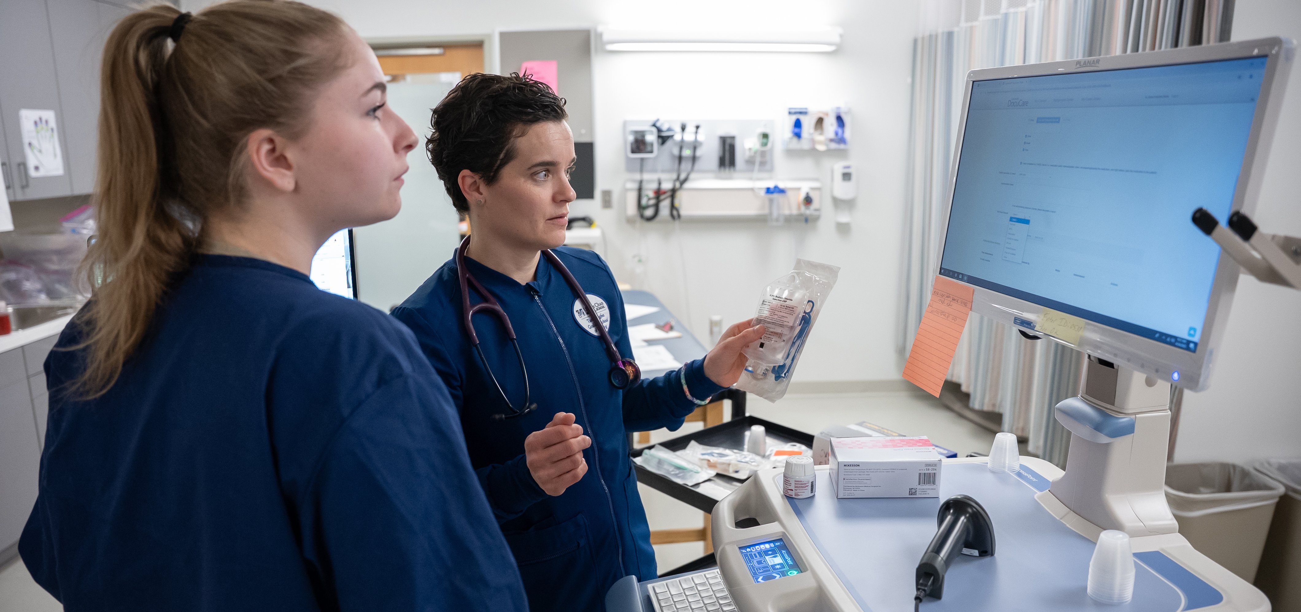 Two nursing professionals looking at a computer screen together
