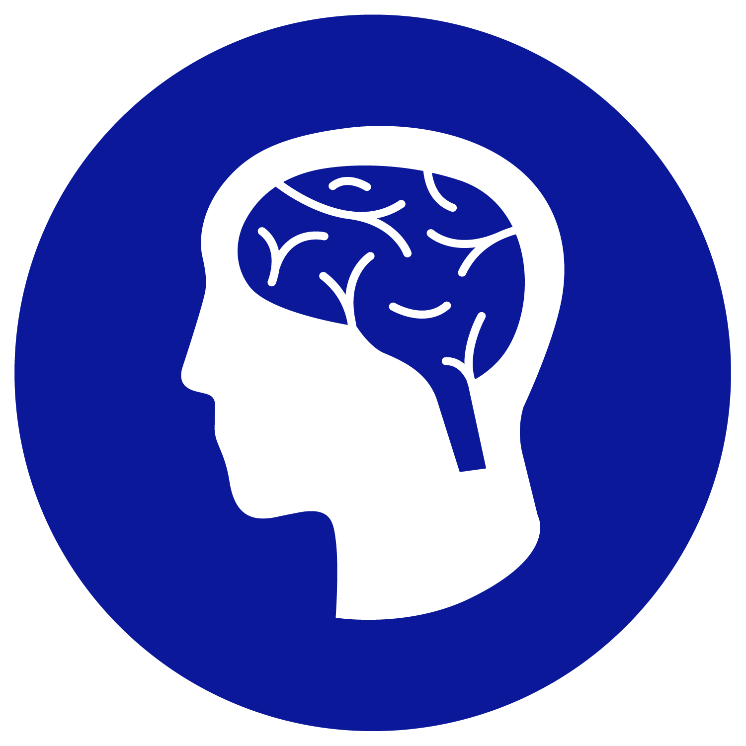 circular blue icon with a white, side-view silhouette of a head and neck with a blue brain shape inside