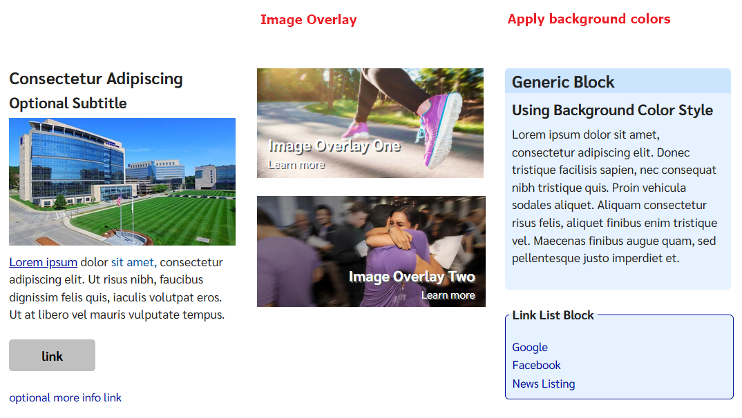 examples of generic blocks, normal, with image overlay and with background colors applied