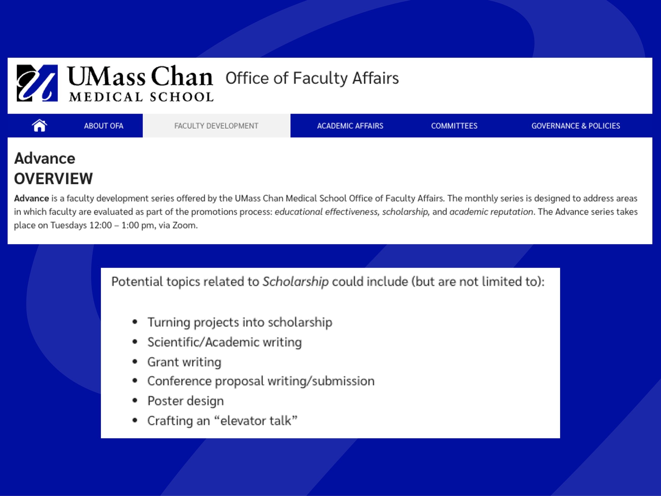 screenshot of the Office of Faculty Affairs Advance website