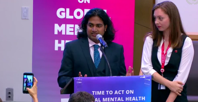 UMass Medical School alumnus Raghu Kiran Appasani, MD, SOM ’18, addresses the United Nations General Assembly in New York City.