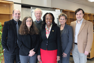 From left, UMass Medical School’s Brian Kelch, PhD; Celia Schiffer, PhD; Roger Craig, PhD; Jean King, PhD; Susanna Perkins, and Andrei Korostelev, PhD, attend the announcement of a $5 million grant from the Massachusetts Life Sciences Center for a high resolution cryo-electron microscope at UMMS