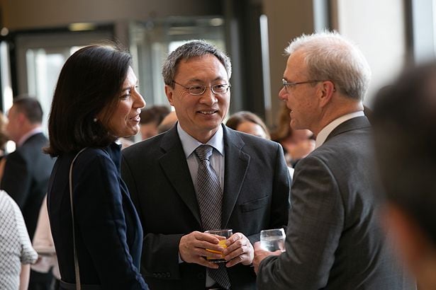 From left, honorary degree recipient and Commencement speaker Huda Zoghbi with Fen-Biao Gao, and Terence Flotte