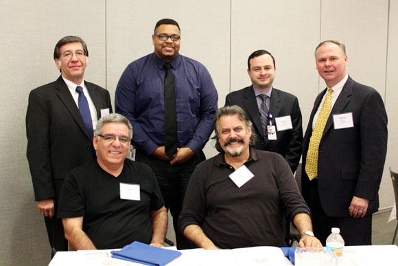 (Seated, from left) Jaime Rivera, PhD; Jose Lemos, PhD; (standing, from left) Jorge Yarzebski, MD, MPH; James Thompson; Jaime Vallejos, MD, MPH; and Steven Stowe.