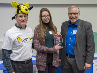 Central Massachusetts Brain Bee winner Petra Dujmic is pictured with competition coordinators David Weaver, PhD, (left) and Sheldon Benjamin, MD. 