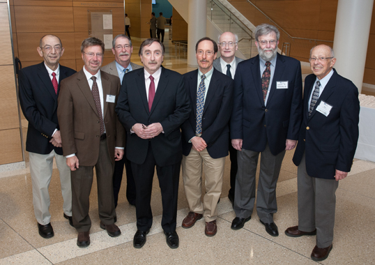 Some members of the Class of 1976 returned to campus for their 40th Reunion in May: From left, Richard V. Aghababian, MD; Paul Sabel, MD; Donald Abbott, MD; John Rothman, MD; Leonard Finn, MD; A. Robert Schell, MD; and Kenneth Kornetsky, MD; with former faculty member Moe Goodman, PhD.