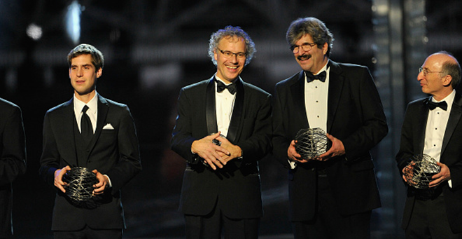 Pictured at the Breakthrough Prize Awards Ceremony on Nov. 9, in Mountain View, Calif. are (from left) prize recipients Jacob Lurie, PhD; Victor Ambros, PhD; Gary Ruvkun, PhD; and Saul Perlmutter, PhD . (Photo by Steve Jennings/Getty Images for Breakthrough Prize)