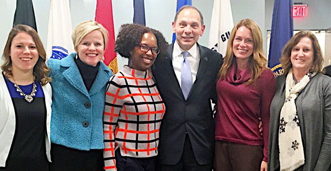 Women veterans health care researcher Kristin Mattocks, PhD, (second from left) is pictured with U.S. Department of Veterans Affairs Secretary Robert A. McDonald and (from left) Lisa Lombardini and Amber Brown of UMMS, and Rebecca Baldor and Judy Kuzdeba of the VA.