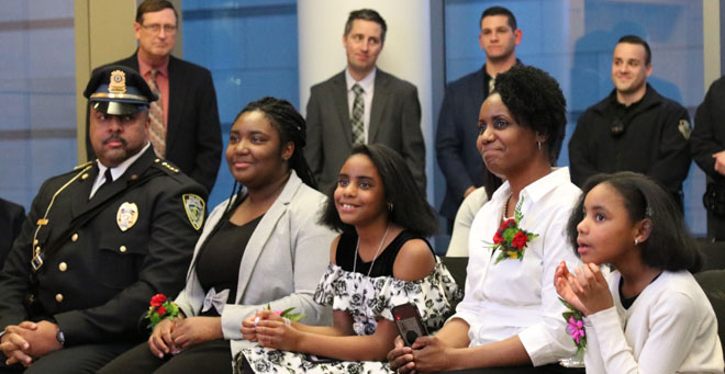Chief C. Leon Pierce is joined by his family, (from left), daughters Gabrielle and Sage; wife Jennifer; and daughter Makenzie.