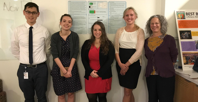 (from left) Population health clerkship students Kevin Gao, Grace Hewett, Angelina Coco, Meghan Chenausky, and faculty advisor Tina Grosowsky, will present their flavored tobacco survey to the Worcester Board of Health on Monday, Dec. 4. 