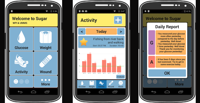 The 'Sugar' app runs on Android smartphones and integrates wirelessly with both a patient’s personal glucose meter and scale to track blood sugar levels and weight. It also tracks exercise and other physical activity based on user input.