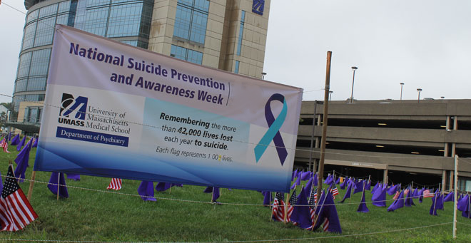 Flags representing the more than 42,000 deaths annually from suicide in the United States will be displayed at UMass Medical School for National Suicide Prevention Awareness Week.