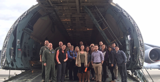 Students and faculty of the 2015 Veteran’s Health Clerkship are pictured in front of a C-5 transport plane during their visit to Westover Air Force Base on Nov. 7.