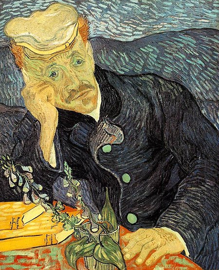 Despondent looking man in Van Gogh painting